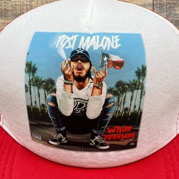 Post Malone Mens Trucker Hat Red Snapback White Iverson Album Cover Hip Hop Cap - Picture 2 of 7